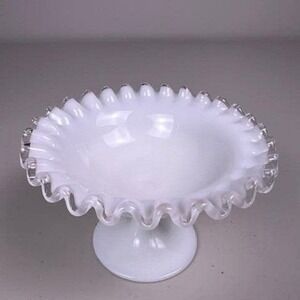 Vintage Fenton Milk Glass Silver‎ Crest Ruffled Pedestal Bowl Compote White 3.75